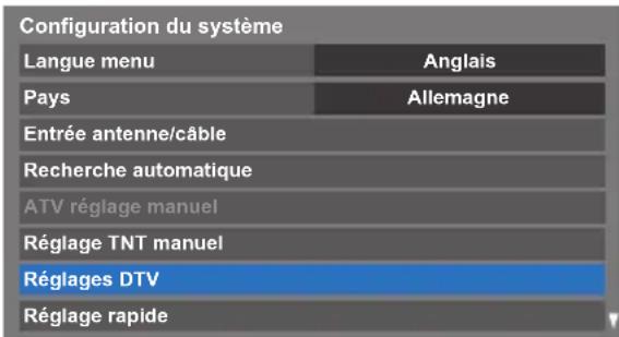 Configuration du système Langue menu Anglais Pays Allemagne Entrée antenne/câble Recherche automatique ATV réglage manuel Réglage TNT manuel Réglages DTV Réglage rapide