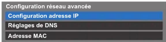 Configuration réseau avancée Configuration adresse IP Réglages de DNS Adresse MAC