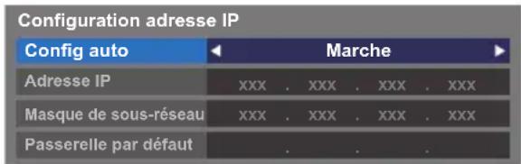 Configuration adresse IP Config auto Marche Adresse IP xxx . XXX . XXX . XXX Masque de sous-réseau xxx . XXX . XXX . XXX Passerelle par défaut . .
