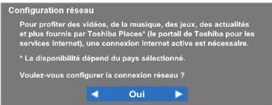 Configuration réseau Pour profiter des vidéos, de la musique, des jeux, des actualités et plus fournis par Toshiba Places* (le portail de Toshiba pour les services Internet), une connexion Internet active est nécessaire. * La disponibilité dépend du pays sélectionné. Voulez-vous configurer la connexion réseau ? Oui