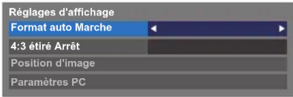 Réglages d'affichage Format auto Marche 4:3 étiré Arrêt Position d'image Paramètres PC