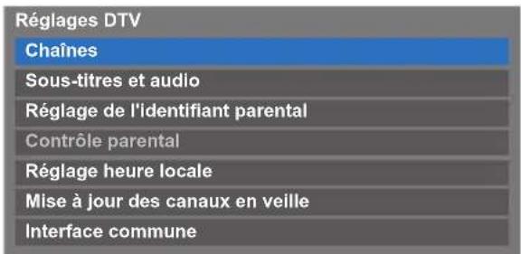 Réglages DTV Chaînes Sous-titres et audio Réglage de l'identifiant parental Contrôle parental Réglage heure locale Mise à jour des canaux en veille Interface commune