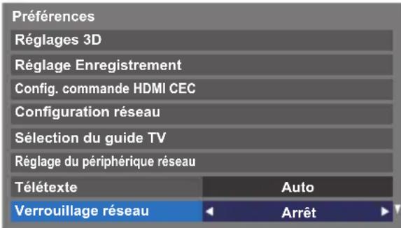 Préférences Réglages 3D Réglage Enregistrement Config. commande HDMI CEC Configuration réseau Sélection du guide TV Réglage du périphérique réseau Télétexte Auto Verrouillage réseau Arrêt