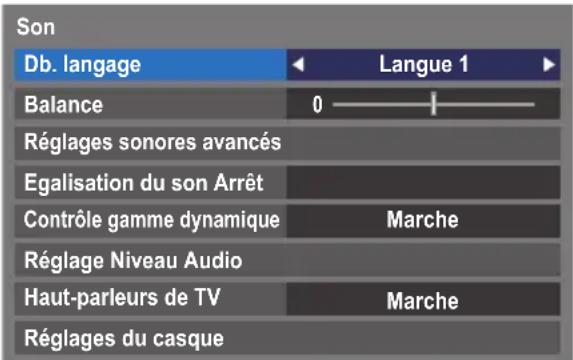 Son Db. langage Langue 1 Balance 0 Réglages sonores avancés Egalisation du son Arrêt Contrôle gamme dynamique Marche Réglage Niveau Audio Haut-parleurs de TV Marche Réglages du casque