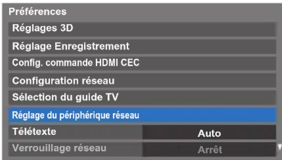 Préférences Réglages 3D Réglage Enregistrement Config. commande HDMI CEC Configuration réseau Sélection du guide TV Réglage du périphérique réseau Télétexte Auto Verrouillage réseau Arrêt