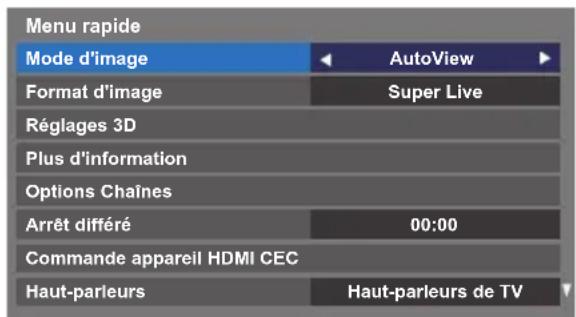 Menu rapide Mode d'image AutoView Format d'image Super Live Réglages 3D Plus d'information Options Chaînes Arrêt différé 00:00 Commande appareil HDMI CEC Haut-parleurs Haut-parleurs de TV