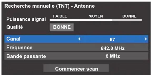 Recherche manuelle (TNT) - Antenne Puissance signal FAIBLE MOYEN BONNE Qualité BONNE Canal 67 Fréquence 842.0 MHz Bande passante 8 MHz Commencer scan