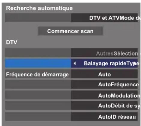 Recherche automatique DTV et ATVMode de Commencer scan DTV AutresSélection Balayage rapideType Fréquence de démarrage Auto AutoFréquence AutoModulation AutoDébit de sy AutoID réseau