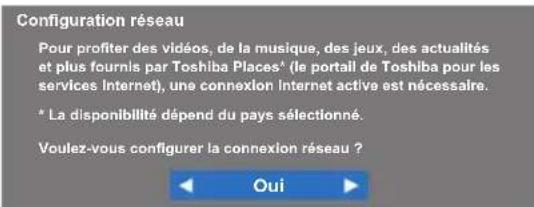 Configuration réseau Pour profiter des vidéos, de la musique, des jeux, des actualités et plus fournis par Toshiba Places* (le portail de Toshiba pour les services Internet), une connexion Internet active est nécessaire. * La disponibilité dépend du pays sélectionné. Voulez-vous configurer la connexion réseau ? Oui