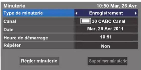 Minuterie 10:50 Mar, 26 Avr Type de minuterie Enregistrement Canal 30 CABC Canal Date Mar, 26 Avr 2011 Heure de démarrage 10:51 Répéter Non Régler minuterie Supprimer minuterie