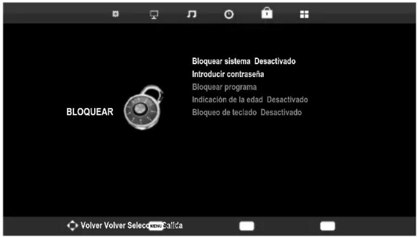 Bloquear sistema Desactivado Introducir contraseña Bloquear programa Indicación de la edad Desactivado Bloqueo de teclado Desactivado BLOQUEAR Volver Volver Seleto MENU Salida