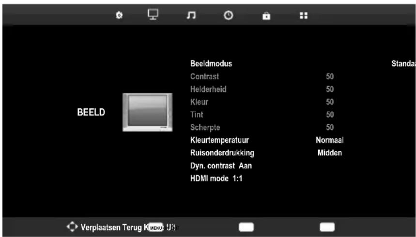 Beeldmodus Contrast 50 Helderheid 50 Kleur 50 Tint 50 Scherpte 50 Kleurtemperatuur Normaal Ruisonderdrukking Midden Dyn. contrast Aan HDMI mode 1:1 Standa BEELD Verplaatsen Terug K MENX UJtrn
