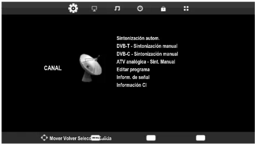 Sintonización autom. DVB-T - Sintonización manual DVB-C - Sintonización manual ATV analógica - Sint. Manual Editar programa Inform. de señal Información Cl