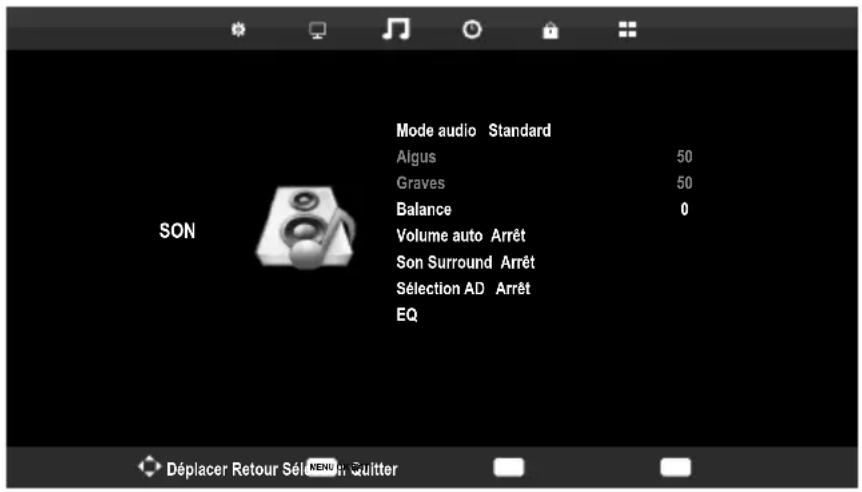 Mode audio Standard Algus 50 Graves 50 Balance 0 Volume auto Arrêt Son Surround Arrêt Sélection AD Arrêt EQ Déplacer Retour Sélo MENU à Quitter