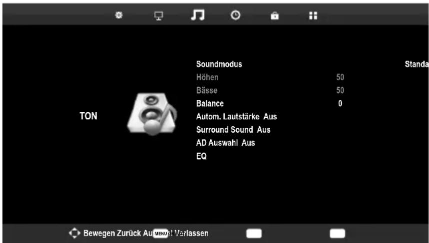 Soundmodus Höhen 50 Bässe 50 Balance 0 Autom. Lautstärke Aus Surround Sound Aus AD Auswahl Aus EQ TON Standa Bewegen Zurück Auf MENK! Verlassen
