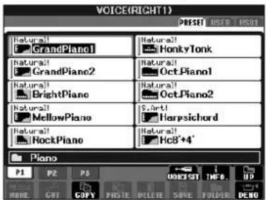 YAMAHA Clavinova CVP-405 - Example of the PRESET Voice Selection display - 1
