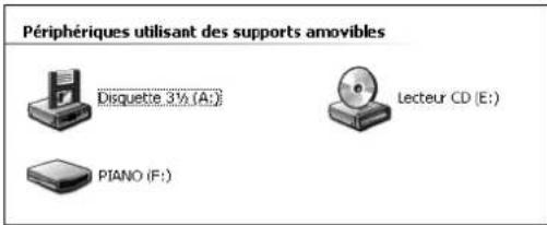 Périphériques utilisant des supports amovibles Disquette 3½ (A:) PIANO (F:) Lecteur CD (E:)