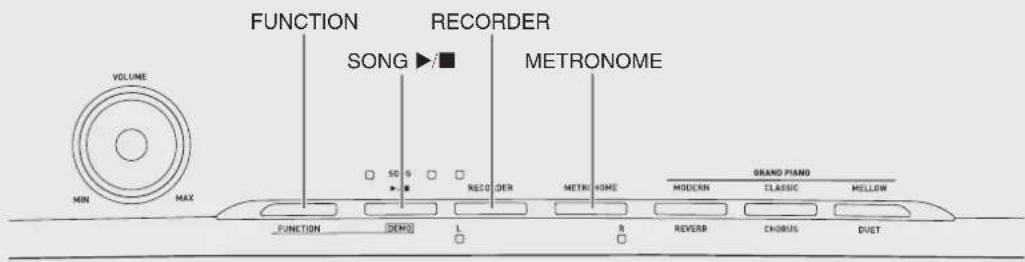 FUNCTION SONG ▶/■ RECORDER METRONOME VOLUME MIN MAX □ SO 9 □ RECO DER METRONE □ ORAND PIANO MODERN CLASSIC MELLOW FUNCTION DEMO L 8 □ REVERB CHORUS DUET