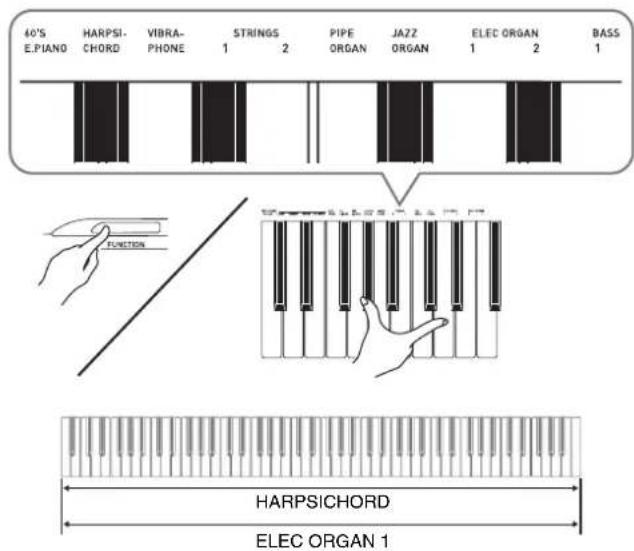 40'S E.PIANO HARPSI- CHORD VIBRA- PHONE STRINGS PIPE JAZZ ELEC ORGAN BASS 1 2 ORGAN 1 2 FUNCTION HARPSICHORD ELEC ORGAN 1