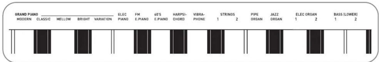 GRAND PIANO MODERN CLASSIC MELLOW BRIGHT VARIATION ELEC PIANO FM 60'S HARPSI- E.PIANO E.PIANO CHORD VIBRA- PHONE STRINGS 1 2 PIPE ORGAN JAZZ ORGAN ELEC ORGAN BASS (LOWER) 1 2 1 2