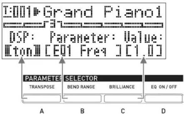 Grand Piano DSP: Parameter: Value: [ton][EQ1 Freq] [1.0] PARAMETER SELECTOR TRANSPOSE BEND RANGE BRILLIANCE EQ ON/OFF A B C D