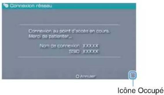 Connexion réseau Connexion au point d'accès en cours. Merci de patienter... Nom de connexion: XXXXXX SSID: XXXXXX O Atinuter Icône Occupé