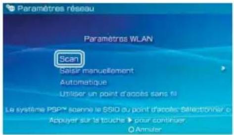 Paramètres réseau Paramètres VLAN Scan Saisir manuellement Automatique Utiliser un point d'accès dans fil Le système PSP® scanne le SSIO du point d'accès sélectionner ou Appuyer sur la touche ▶ pour continuer Q Annuler