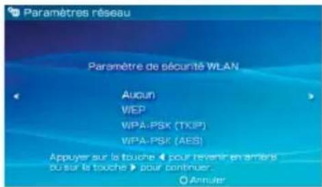 Paramètres réseau Paramètre de sécurité WLAN Aucun WEP WPA-PSK (TKIP) WPA-PSK (AES) Appuyer sur la touche ▶ pour revenir en armers ou sur la touche ▶ pour continuer. © Annuler