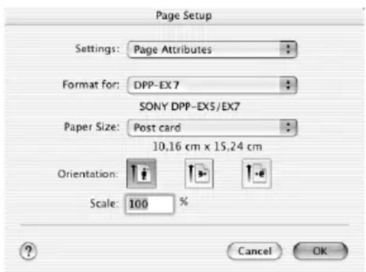 Page Setup Settings: Page Attributes Format for: DPP-EX 7 SONY DPP-EX5/EX7 Paper Size: Post card 10,16 cm x 15,24 cm Orientation: Scale: 100 % Cancel OK