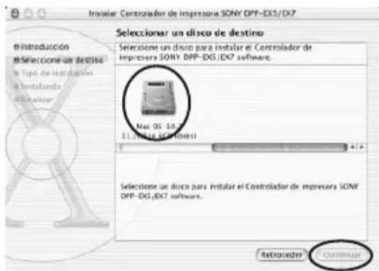 SONY DPP-EX7 - Haga clic en la ubicación donde desea instalar el controlador y, a continuación, haga clic en "Continuar". - 1