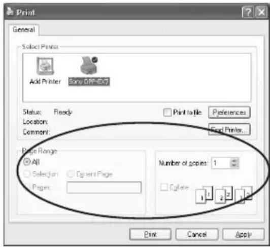 Print General Select Printer Add Printer Sony OFF-ECT Status: Ready Location: Comment: Print to file: Preferences Find Printer... Page Range: All Selection: Current Page Pages: Number of copies: 1 Color: 1 2 3 4 Print Cancel Apply