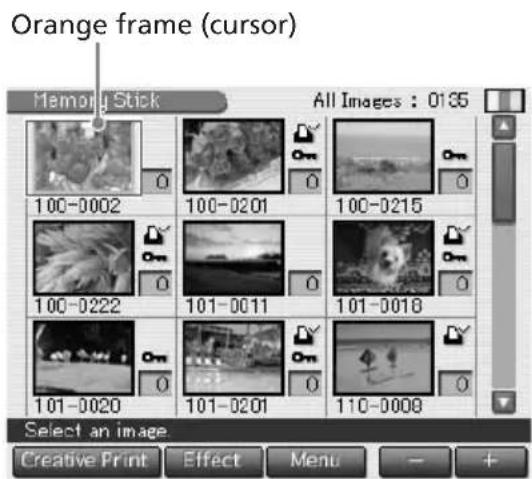 Orange frame (cursor) Memory Stick All Images : 0135 100-0002 100-0201 100-0215 100-0222 101-0011 101-0018 101-0020 101-0201 110-0008 Select an image. Creative Print Effect Menu - +