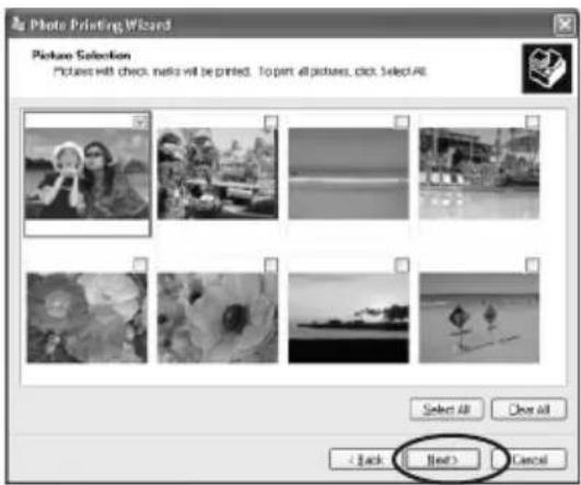 Photo Printing Wizard Picture Selection Pictures with check, make will be printed. Top pen all pictures, click SelectAll Select All Clear All < Back Next > Cancel