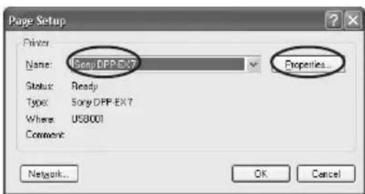 Page Setup Printer Name: Sony DPP-EX7 Status: Ready Type: Sony DPP-EX7 Where: US8001 Comment: Network... Properties... OK Cancel
