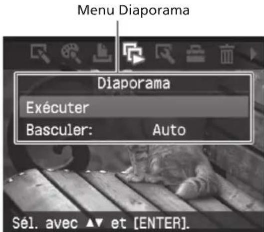 Menu Diaporama Diaporama Exécuter Basculer: Auto Sél. avec ▲▼ et [ENTER].