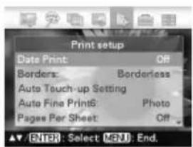 Print setup Date Print: Off Borders: Borderless Auto Touch-up Setting Auto Fine PrintS: Photo Pages Per Sheet: Off ▲ ENTER: Select MENU: End.