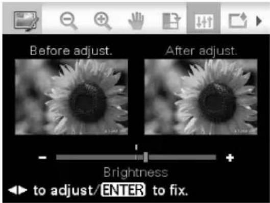 Before adjust. After adjust. Brightness to adjust/ENTER to fix.