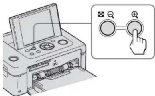 Diagram showing printer operation with control panel and hand cursor icon, including a magnified view of the button.