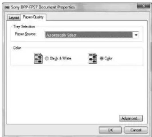 Sony DPP-FP97 Document Properties Layout Paper/Quality Tray Selection Paper Source Automatically Select Color Black & White Color Advanced OK Cancel
