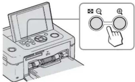 Diagram showing printer operation with a magnified view of the button mechanism and control buttons