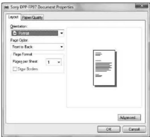 Sony DPP-FP97 Document Properties Layout Pages/Quality Orientation: Portrait Page Order Front to Back Page Format Pages per Sheet 1 Draw Borders Advanced... OK Cancel