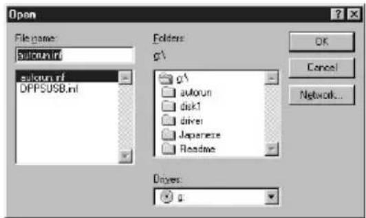 Open File name: dpprun.nl dpprun.nl DPPSUSB.nl Folders: g\ g\ autorun disk1 driver Japanese Readme OK Cancel Network... Drivers: g