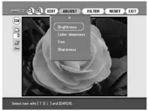 OR E O E I A B E O I A 224 0 9% Brightness Color deepness Tint Sharpness Select item info. [1][2][3] and (ENTER).
