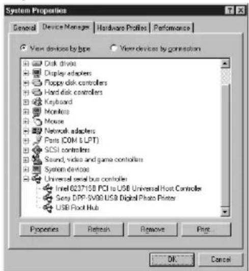 System Properties General Device Manager Hardware Profiles Performance View devices by type View devices by generation Disk drives Display adapters Floppy disk controllers Hard disk controllers Keyboard Monitors Mouse Network adapters Posts (COM & LPT) SCSI controllers Sound, video and game controllers System devices Universal serial bus controller Intel 0237158 PCI to USB Universal Host Controller Sony DPP-SV98 USB Digital Photo Printer USB Root Hub Properties Refresh Remove Page OK Cancel