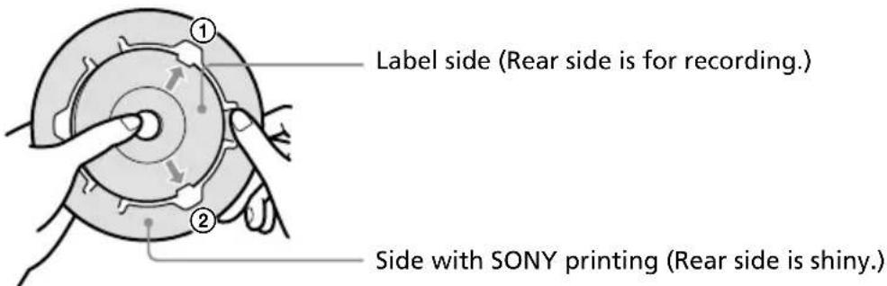 Label side (Rear side is for recording.) Side with SONY printing (Rear side is shiny.)