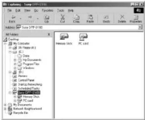 File Edit View Go Favorites Tools Help Back Back Up Cut Copy Paste Quick Delete Properties Address: Sany DTP-3V80 All Folders Desktop My Computers JN Flaps (A.1) (C:) Copy My Documents Program Files Windows (B:) Policies ControlPanel Data/Networking Scheduled Tasks Sany DTP-3V80 Memory Stick PC card My Documents Network Neighborhood Recycle Bin Memory Stick PC card
