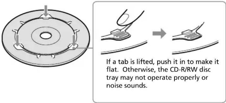 If a tab is lifted, push it in to make it flat. Otherwise, the CD-R/RW disc tray may not operate properly or noise sounds.