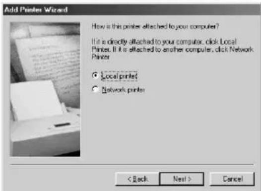 Add Printer Wizard How is this printer attached to your computer? If it is directly attached to your computer, click Local Printer. If it is attached to another computer, click Network Printer ● Local printer ○ Network printer < Back Next > Cancel