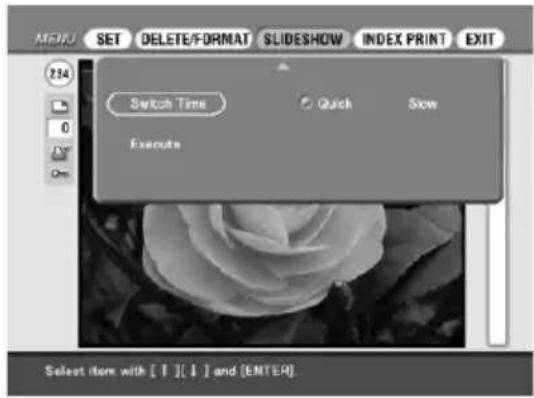 MENU SET DELETE/FORMAT SLIDESHOW INDEX PRINT EXIT 254 Switch Time Quick Slow Executs Select item with [ ] [ ] and [ENTER]