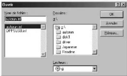 Ouvir Now de fichies : sulcurn.mf sulcurn.mf DFPSUSB.xml Dessiers : g g: autorum disk1 driver Japanese Readme Lecleurs : g OK Annules Béreau...